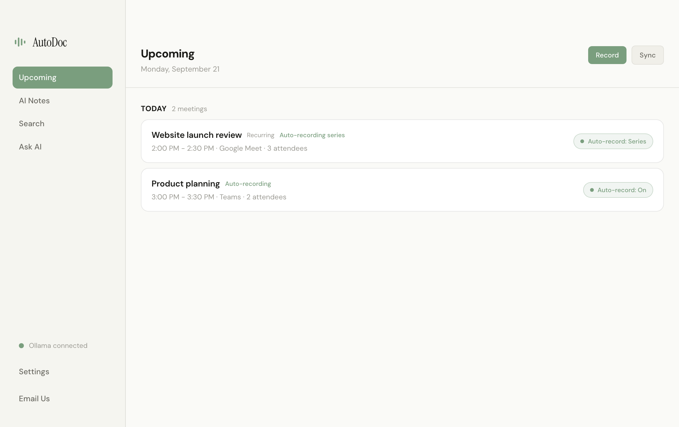 AutoDoc calendar with optional auto-record controls