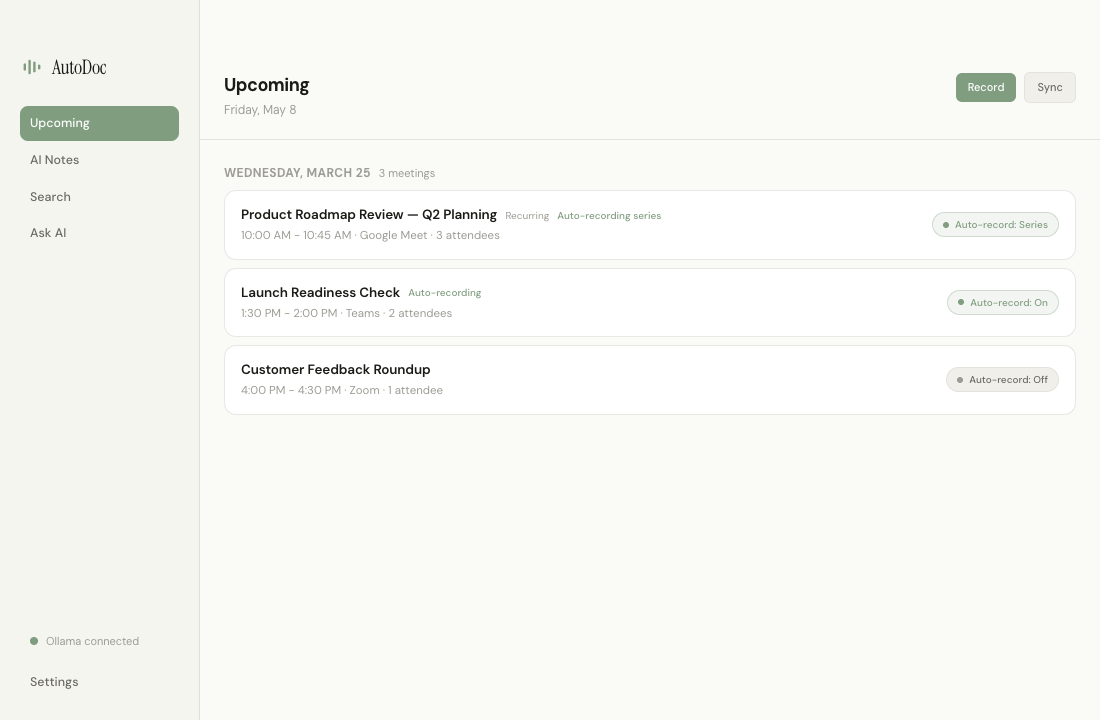 AutoDoc dashboard with calendar integration