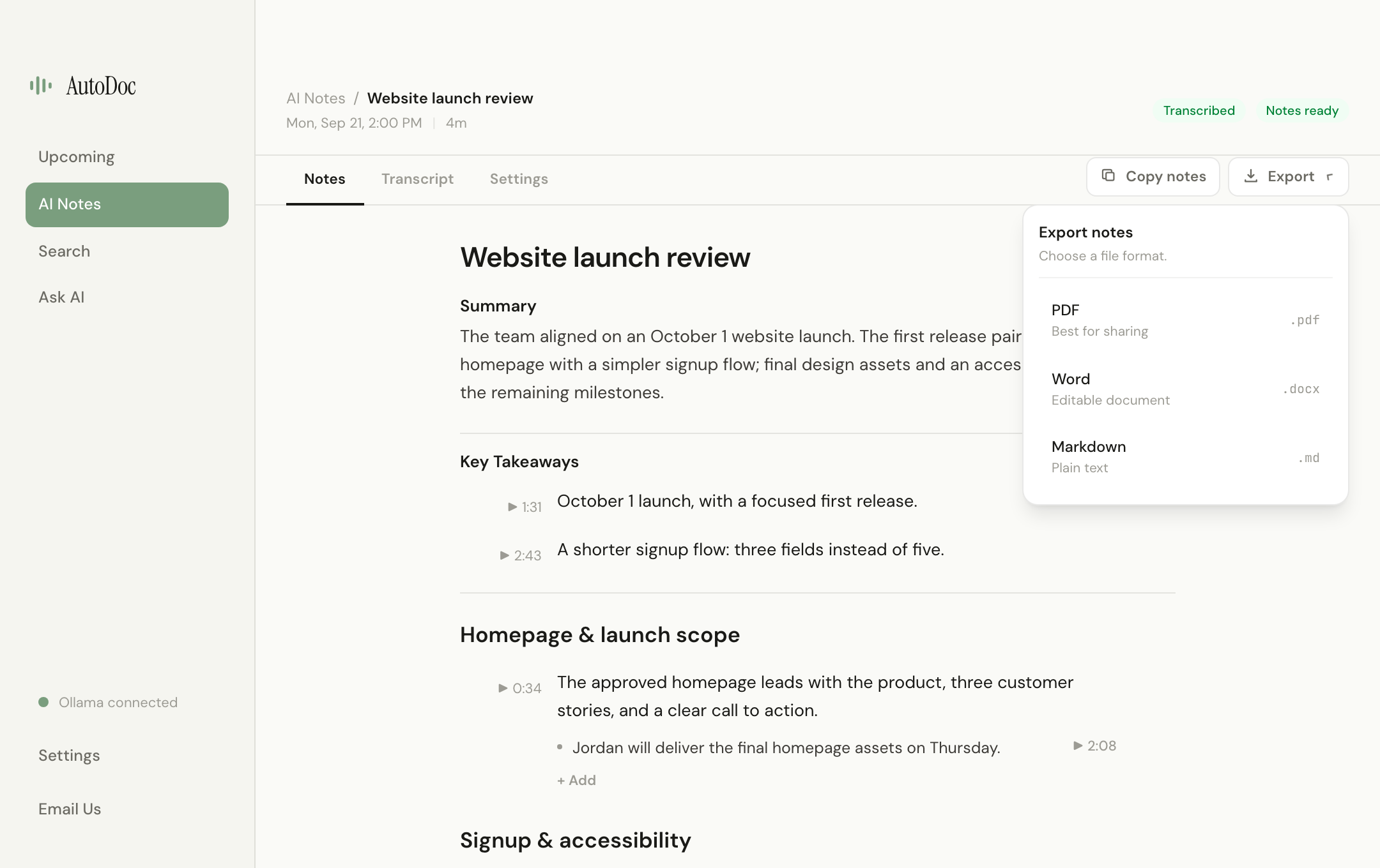 AutoDoc export menu with PDF, Word, and Markdown