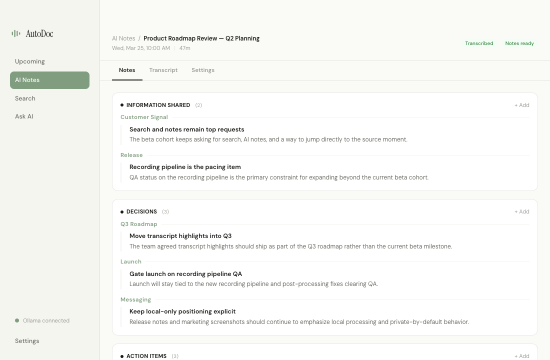AutoDoc structured meeting summary