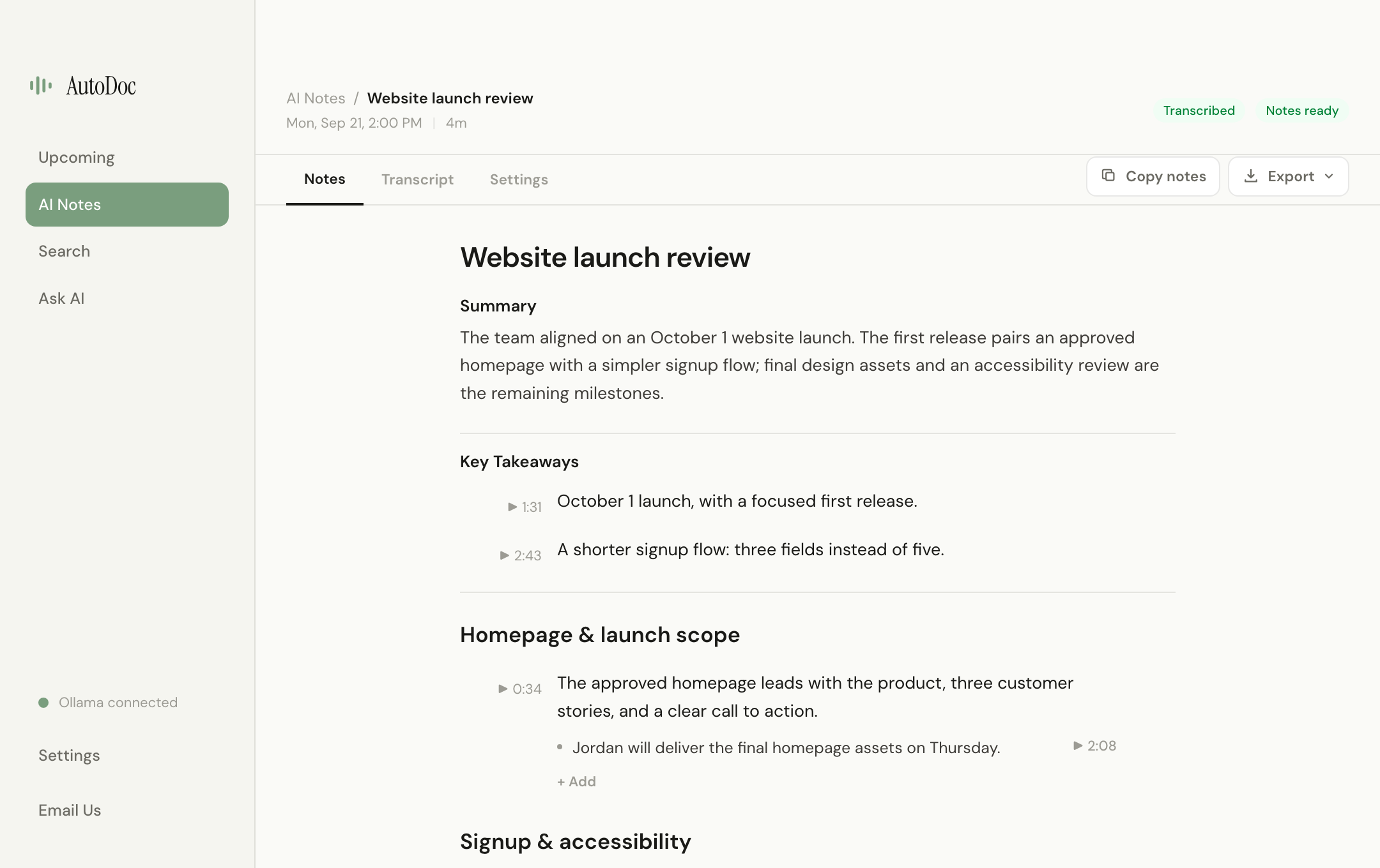 AutoDoc Notes with a summary and conversation topics